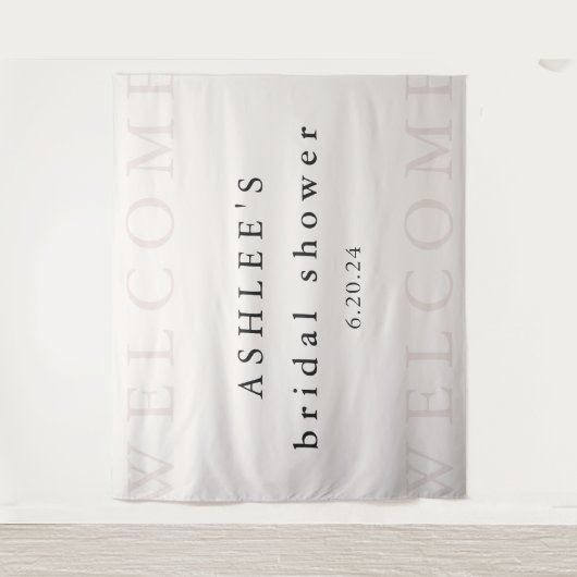 ブライダルシャワー タウペとブラックのタイポグラフィー ウェルカム タペストリー (正面)