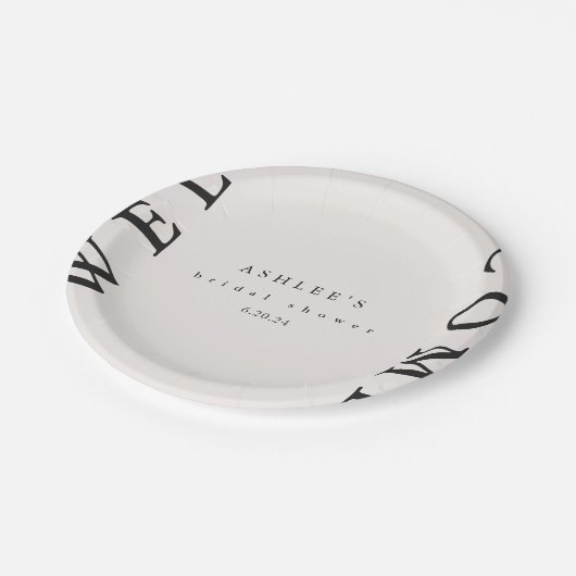 ブライダルシャワー タウペとブラックのタイポグラフィー ウェルカム ペーパープレート (アングル)