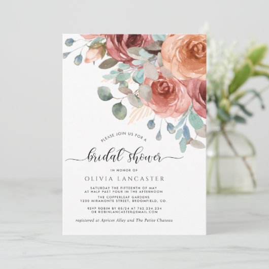 ブライダルシャワー、ダスティーエレガントブルー、赤面フローラ 招待状 (スタンド正面)