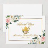 ブライダルシャワー ティーパーティー ピンク フラワーズ ゴールド サンクス サンキューカード (正面/裏面)