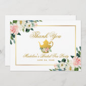 ブライダルシャワー ティーパーティー ピンク フラワー ゴールド サンクス サンキューカード (正面/裏面)