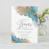 ブライダルシャワー |ティール（緑がかった色）エレガント金ゴールドアルコールインク 招待状 (スタンド正面)