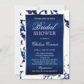 ブライダルシャワー – ネイビーブルーマーブルホワイト&シルバー 招待状 (正面)