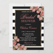 ブライダルシャワー-バラ結婚金ゴールドの白黒 招待状 (正面)