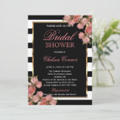 ブライダルシャワー-バラ結婚金ゴールドの白黒 招待状 (スタンド正面)