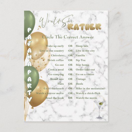 ブライダルシャワー。パジャマパーティーゲーム ポストカード (正面)