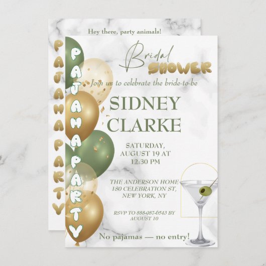 ブライダルシャワー。パジャマパーティー 招待状 (正面/裏面)