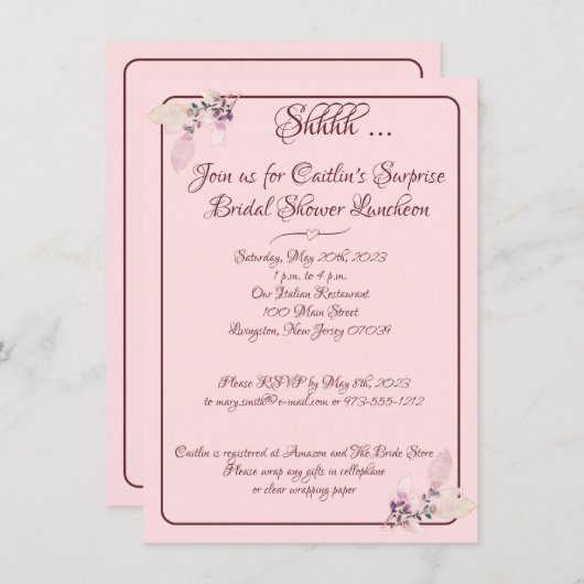 ブライダルシャワー、パステルピンク輪郭 招待状 (正面/裏面)