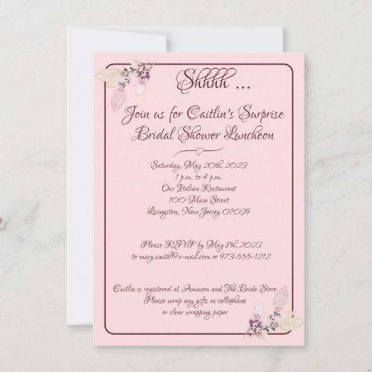 ブライダルシャワー、パステルピンク輪郭 招待状 (正面)