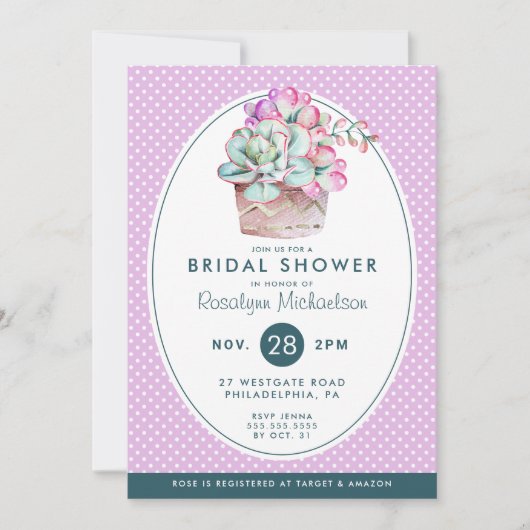 ブライダルシャワー |パステル水彩サボテン 招待状 (正面)