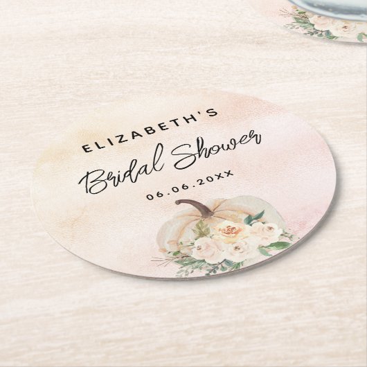 ブライダルシャワー パンプキン 秋 クリーム ローズゴールド ラウンドペーパーコースター (アングル)