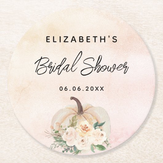 ブライダルシャワー パンプキン 秋 クリーム ローズゴールド ラウンドペーパーコースター (正面)