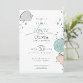 ブライダルシャワー |ビーチシーシェルズコーラルサンドティール（緑がかった色） 招待状 (スタンド正面)