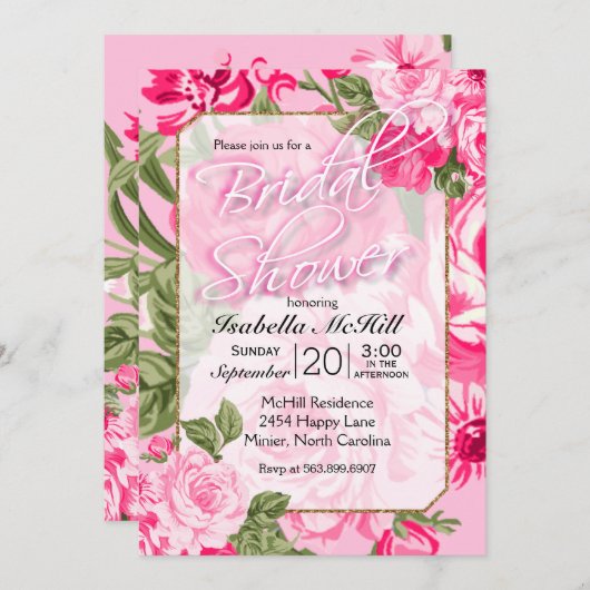 ブライダルシャワー – ピかわいらしンクフローラバラ 招待状 (正面/裏面)
