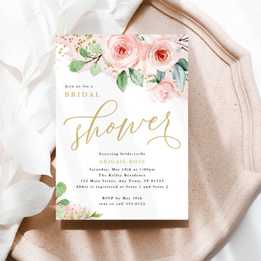 ブライダルシャワー、ピンクと金ゴールドの水色の花 招待状