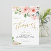 ブライダルシャワー、ピンクと金ゴールドの水色の花 招待状 (スタンド正面)