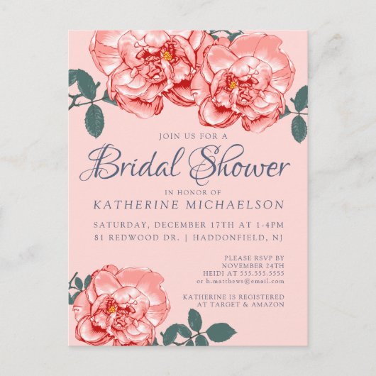 ブライダルシャワー |ピンクのフローラガーデンはがき ポストカード (正面)