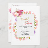 ブライダルシャワー、ピンクのフローラ縁ど 招待状 (正面/裏面)