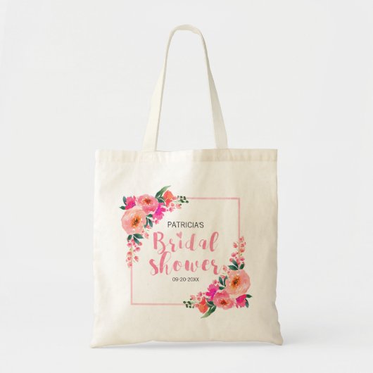 ブライダルシャワー　ピンクの花の水彩画　田舎風 トートバッグ (正面)