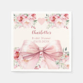 ブライダルシャワー ピンクの蝶リボン クリーム フラワーボトル スタンダードカクテルナプキン (正面)