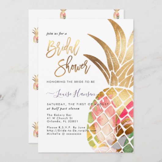 ブライダルシャワー、フェイク金ゴールド水彩パイナップル セーブザデート (正面/裏面)