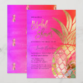 ブライダルシャワー、フェイク金ゴールド水色パイナップル セーブザデート (正面/裏面)