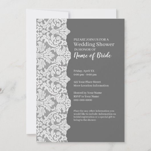 ブライダルシャワー:フローラレースパターンとグレー 招待状 (正面)