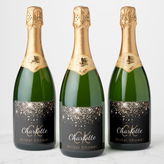 ブライダルシャワー ブラック ゴールド グリッター モノグラムイニシャル スパークリングワインラベル (ボトル)