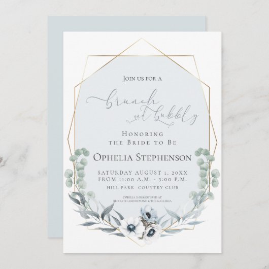 ブライダルシャワー |ブランチ&バブルダスティブルーフローラ 招待状 (正面/裏面)