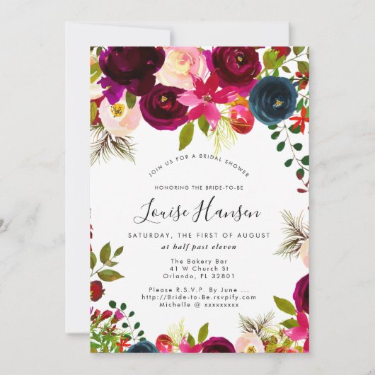 ブライダルシャワー、ブルゴーニュ、赤面+海軍水彩 招待状 (正面)