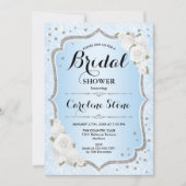 ブライダルシャワー – ブルーシルバーホワイトローズ招待状 招待状 (正面)