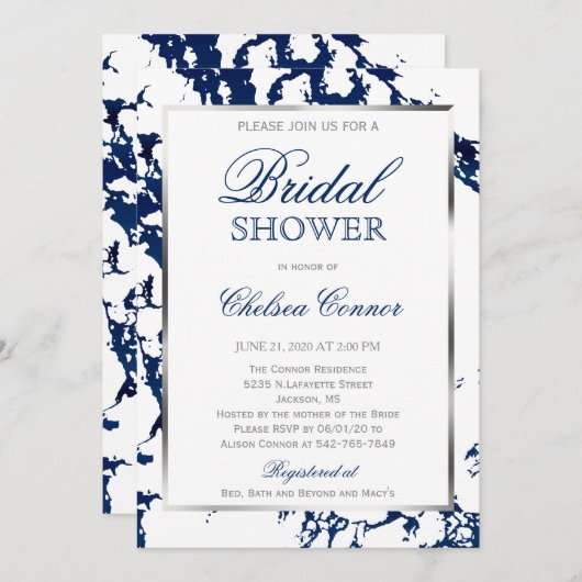 ブライダルシャワー – ホワイト、ネイビーブルーマーブル&シルバー 招待状 (正面/裏面)