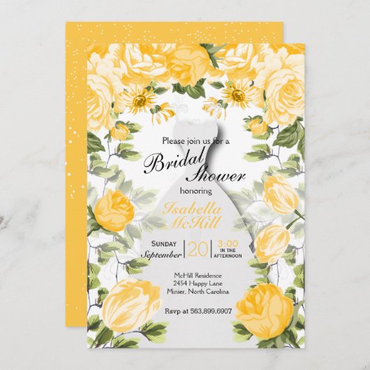 ブライダルシャワー – ボタニカルゴールデンイエローフローラ 招待状 (正面/裏面)