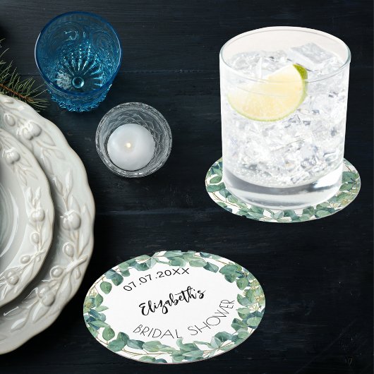 ブライダルシャワー ユーカリのグリーンリース ラウンドペーパーコースター