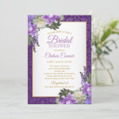 ブライダルシャワー-ラベンダーの紫色のダマスク織及び金ゴールド 招待状 (スタンド正面)