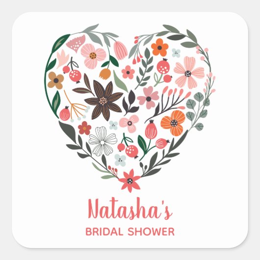 ブライダルシャワー | ロマンチックで幻想的なハートの花 スクエアシール (正面)