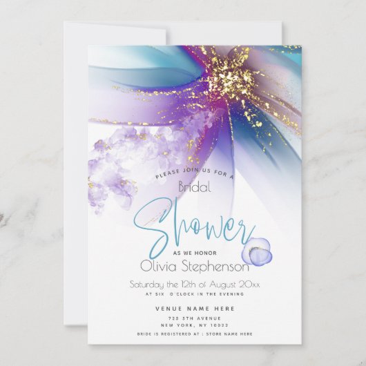 ブライダルシャワー |抽象芸術アルコールインクティール(緑がかった色)アメジスト 招待状 (正面)