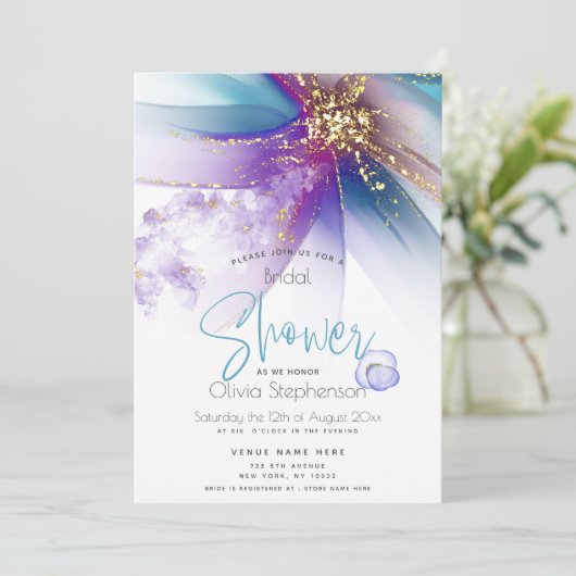 ブライダルシャワー |抽象芸術アルコールインクティール（緑がかった色）アメジスト 招待状 (スタンド正面)