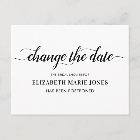 ブライダルシャワー 日程変更 エレガント タイポグラフィー 案内ポストカード (正面)