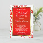 ブライダルシャワー-明るく赤い大理石、白及び金ゴールド 招待状 (スタンド正面)