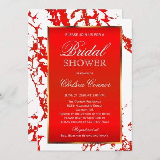 ブライダルシャワー-明るく赤い大理石、白及び金ゴールド 招待状 (正面/裏面)