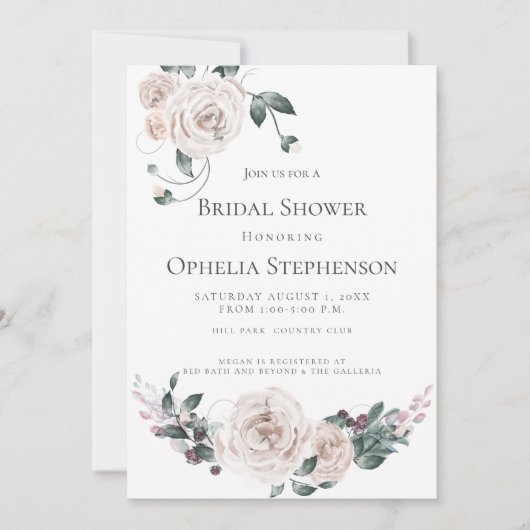 ブライダルシャワー |水の色ほこりっぽいバラ 案内状 (正面)