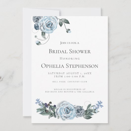 ブライダルシャワー |水彩ほこりっぽい青フローラ 案内状 (正面)