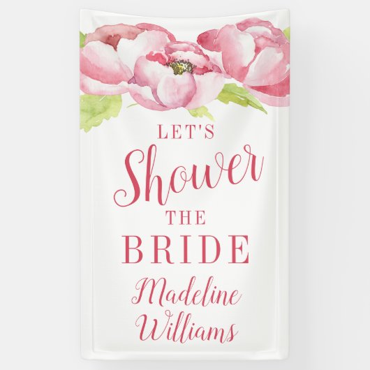 ブライダルシャワー |水彩ピンク牡丹 横断幕 (縦)