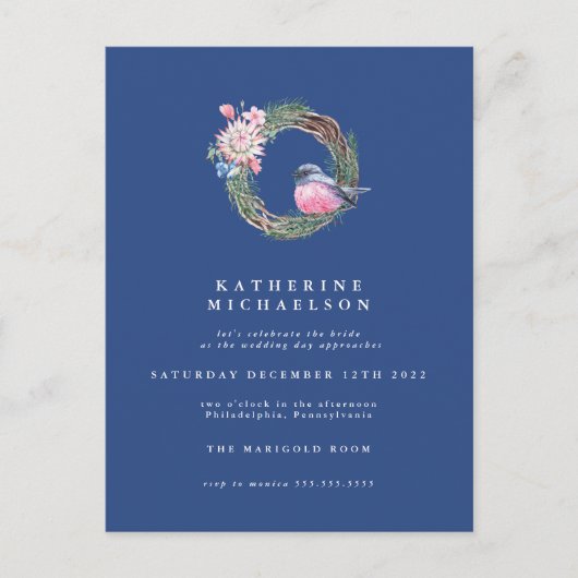 ブライダルシャワー | 水彩冬のスズメの花輪 ポストカード (正面)