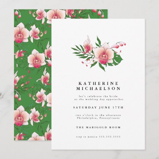 ブライダルシャワー |熱帯ピンク・オーキッドフローラ 招待状 (正面/裏面)