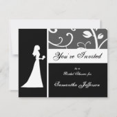 ブライダルシャワー、白黒つる植物 招待状 (正面)
