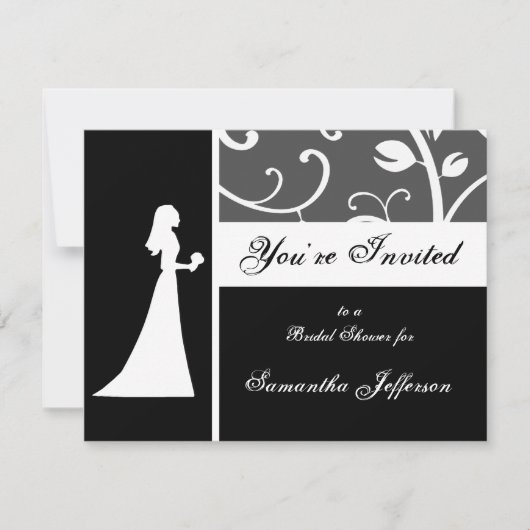 ブライダルシャワー、白黒つる植物 招待状 (正面)