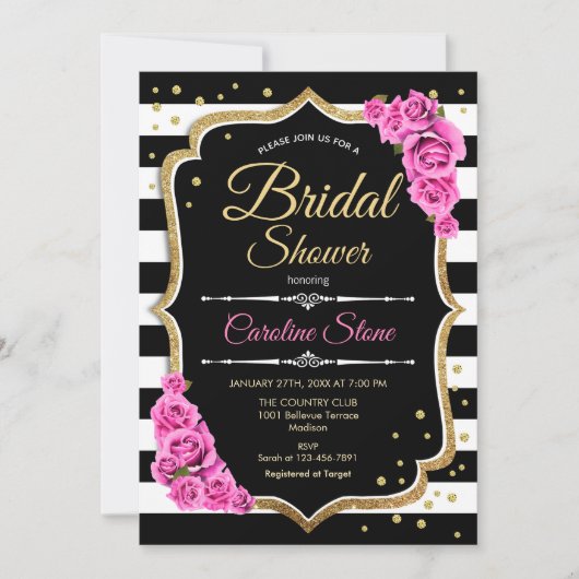ブライダルシャワー-白黒ストライプとピンクローズ 招待状 (正面)