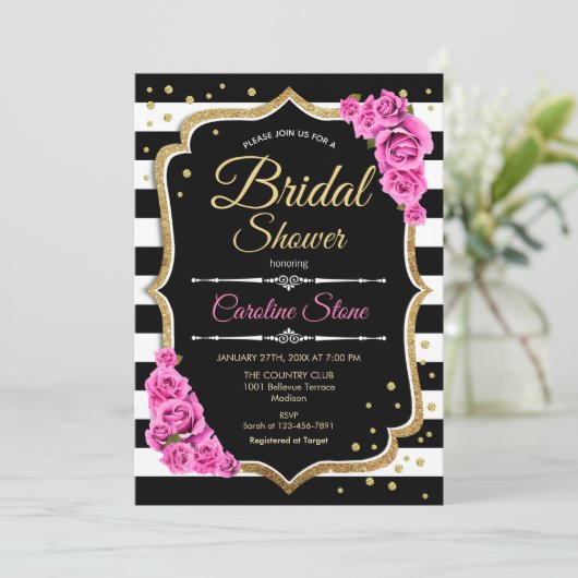 ブライダルシャワー-白黒ストライプとピンクローズ 招待状 (スタンド正面)
